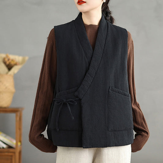 Buddha Stones Plain Lace-up Women's Sleeveless Cotton Vest Waistcoat With Pockets