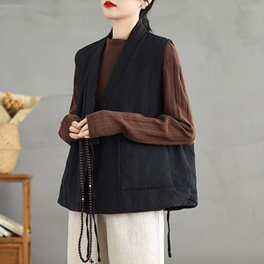Buddha Stones Plain Lace-up Women's Sleeveless Cotton Vest Waistcoat With Pockets