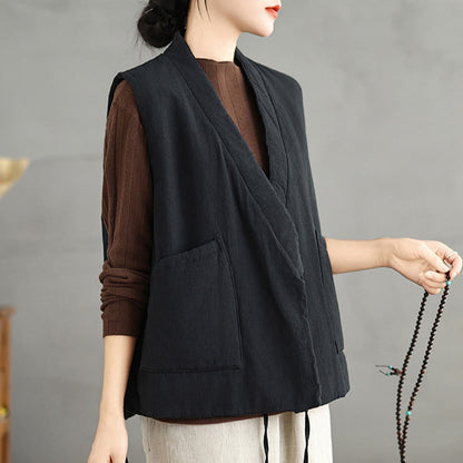 Buddha Stones Plain Lace-up Women's Sleeveless Cotton Vest Waistcoat With Pockets