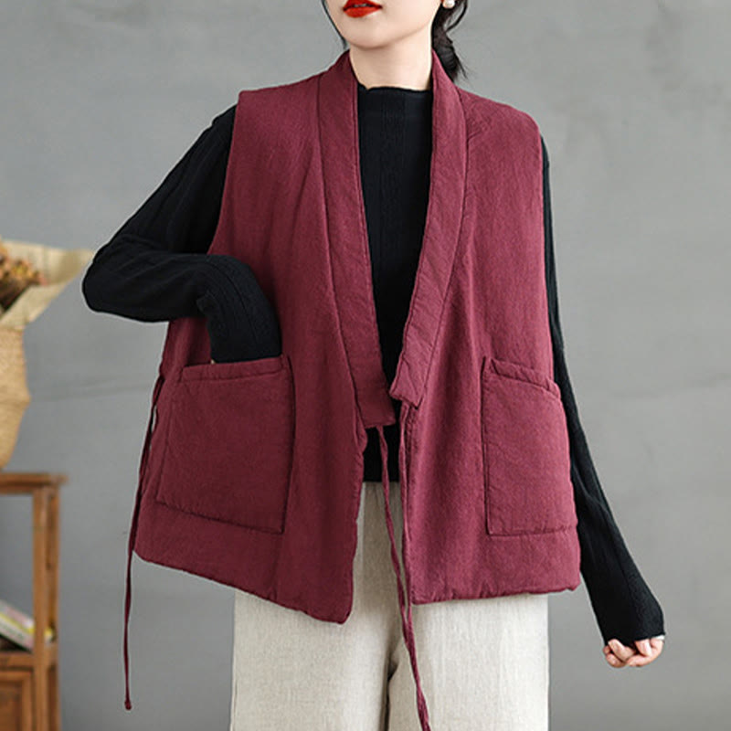 Buddha Stones Plain Lace-up Women's Sleeveless Cotton Vest Waistcoat With Pockets