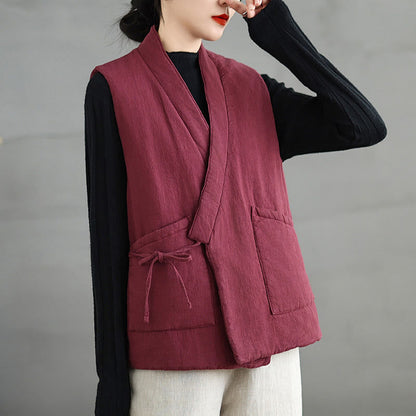 Buddha Stones Plain Lace-up Women's Sleeveless Cotton Vest Waistcoat With Pockets