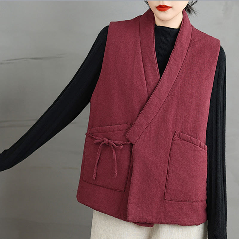 Buddha Stones Plain Lace-up Women's Sleeveless Cotton Vest Waistcoat With Pockets