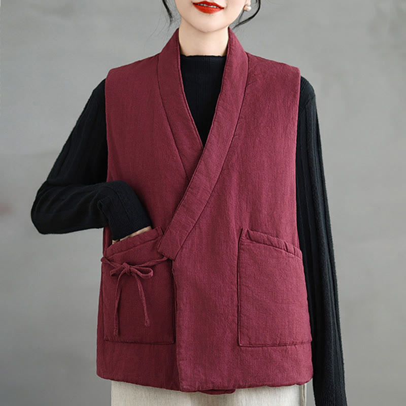 Buddha Stones Plain Lace-up Women's Sleeveless Cotton Vest Waistcoat With Pockets
