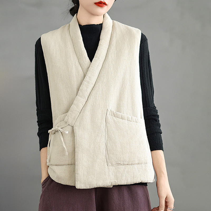 Buddha Stones Plain Lace-up Women's Sleeveless Cotton Vest Waistcoat With Pockets