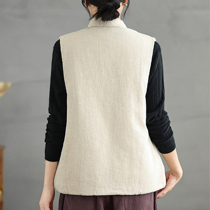 Buddha Stones Plain Lace-up Women's Sleeveless Cotton Vest Waistcoat With Pockets