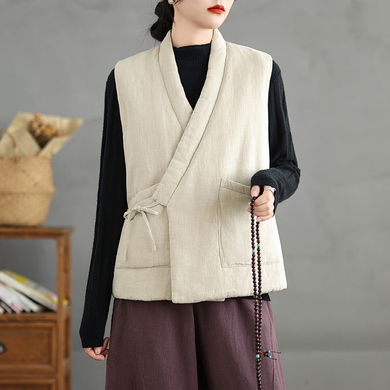 Buddha Stones Plain Lace-up Women's Sleeveless Cotton Vest Waistcoat With Pockets
