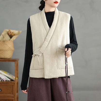 Buddha Stones Plain Lace-up Women's Sleeveless Cotton Vest Waistcoat With Pockets