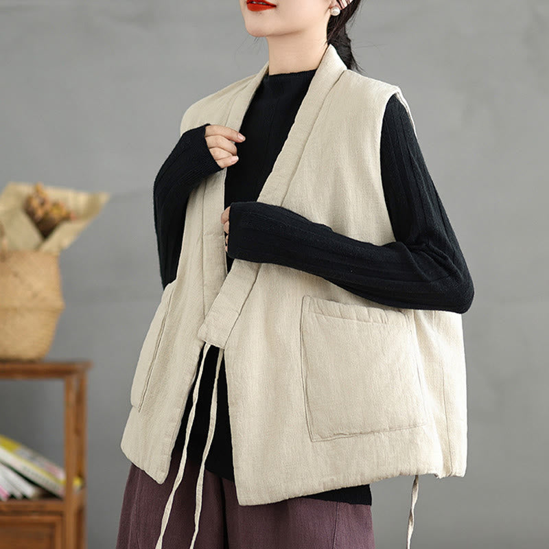 Buddha Stones Plain Lace-up Women's Sleeveless Cotton Vest Waistcoat With Pockets