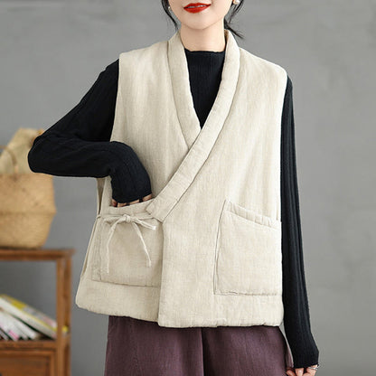 Buddha Stones Plain Lace-up Women's Sleeveless Cotton Vest Waistcoat With Pockets