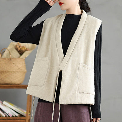 Buddha Stones Plain Lace-up Women's Sleeveless Cotton Vest Waistcoat With Pockets