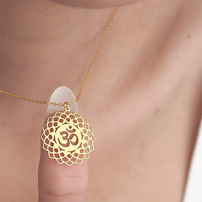 Buddha Stones Hollow Lotus Design Om Symbol Stainless Steel Connection Necklace Pendant