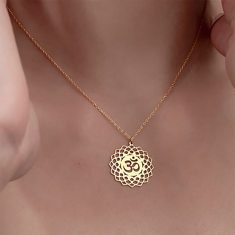 Buddha Stones Hollow Lotus Design Om Symbol Stainless Steel Connection Necklace Pendant