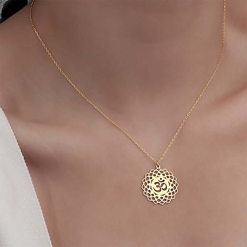 Buddha Stones Hollow Lotus Design Om Symbol Stainless Steel Connection Necklace Pendant