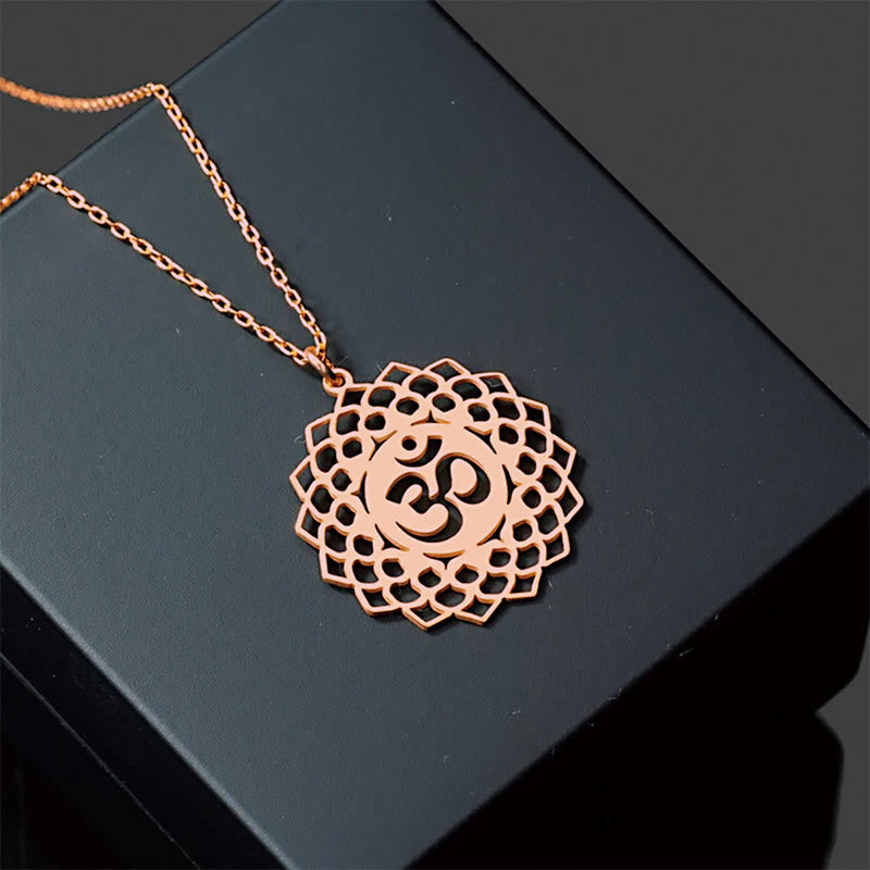 Buddha Stones Hollow Lotus Design Om Symbol Stainless Steel Connection Necklace Pendant