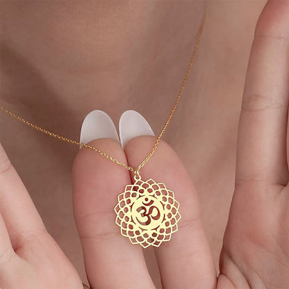 Buddha Stones Hollow Lotus Design Om Symbol Stainless Steel Connection Necklace Pendant