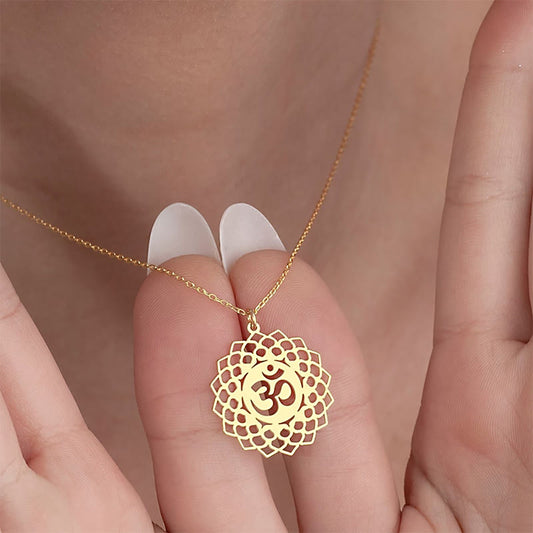 Buddha Stones Hollow Lotus Design Om Symbol Stainless Steel Connection Necklace Pendant