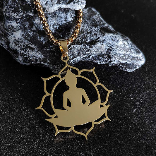 Buddha Stones Vintage Lotus Sitting Buddha Design Stainless Steel Enlightenment Necklace Pendant