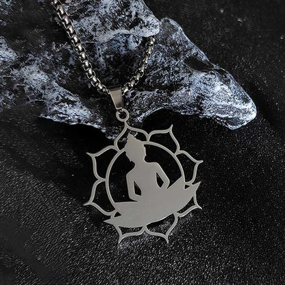 Buddha Stones Vintage Lotus Sitting Buddha Design Stainless Steel Enlightenment Necklace Pendant