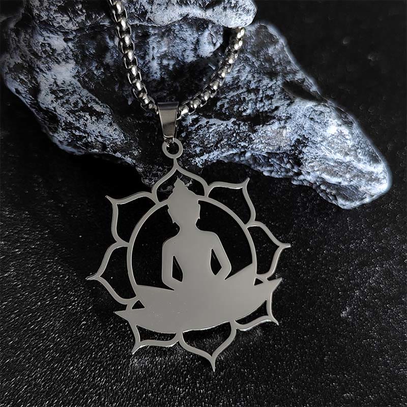 Buddha Stones Vintage Lotus Sitting Buddha Design Stainless Steel Enlightenment Necklace Pendant