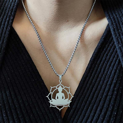 Buddha Stones Vintage Lotus Sitting Buddha Design Stainless Steel Enlightenment Necklace Pendant