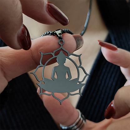 Buddha Stones Vintage Lotus Sitting Buddha Design Stainless Steel Enlightenment Necklace Pendant