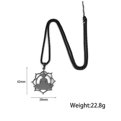 Buddha Stones Vintage Lotus Sitting Buddha Design Stainless Steel Enlightenment Necklace Pendant