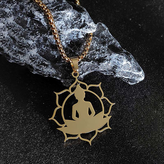 Buddha Stones Vintage Lotus Sitting Buddha Design Stainless Steel Enlightenment Necklace Pendant