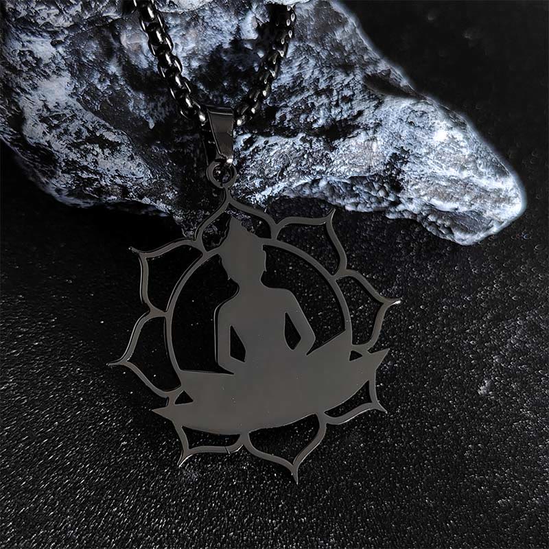 Buddha Stones Vintage Lotus Sitting Buddha Design Stainless Steel Enlightenment Necklace Pendant