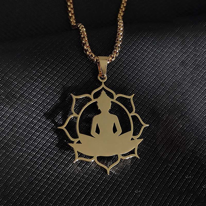 Buddha Stones Vintage Lotus Sitting Buddha Design Stainless Steel Enlightenment Necklace Pendant