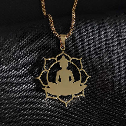 Buddha Stones Vintage Lotus Sitting Buddha Design Stainless Steel Enlightenment Necklace Pendant