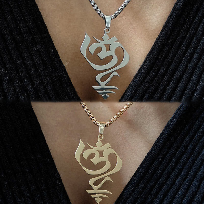 Buddha Stones Vintage OM Symbol geometry Design Stainless Steel Connection Necklace Pendant