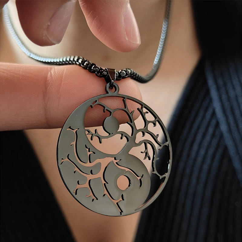 Buddha Stones Branches Hollow Yin Yang Design Stainless Steel Balance Necklace Pendant