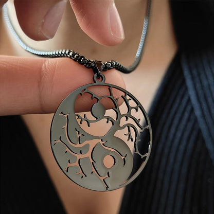 Buddha Stones Branches Hollow Yin Yang Design Stainless Steel Balance Necklace Pendant