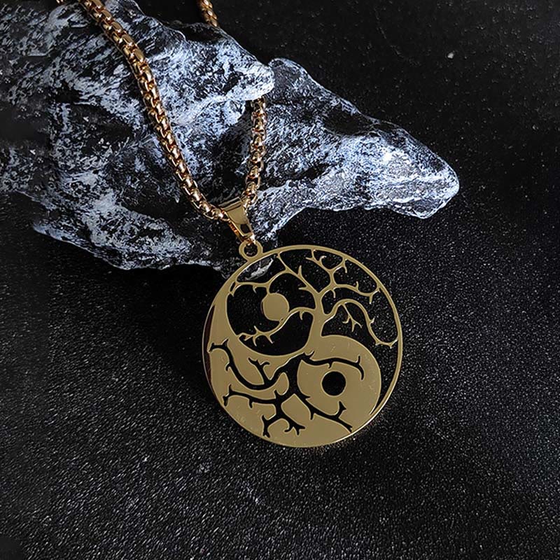 Buddha Stones Branches Hollow Yin Yang Design Stainless Steel Balance Necklace Pendant
