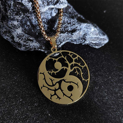 Buddha Stones Branches Hollow Yin Yang Design Stainless Steel Balance Necklace Pendant