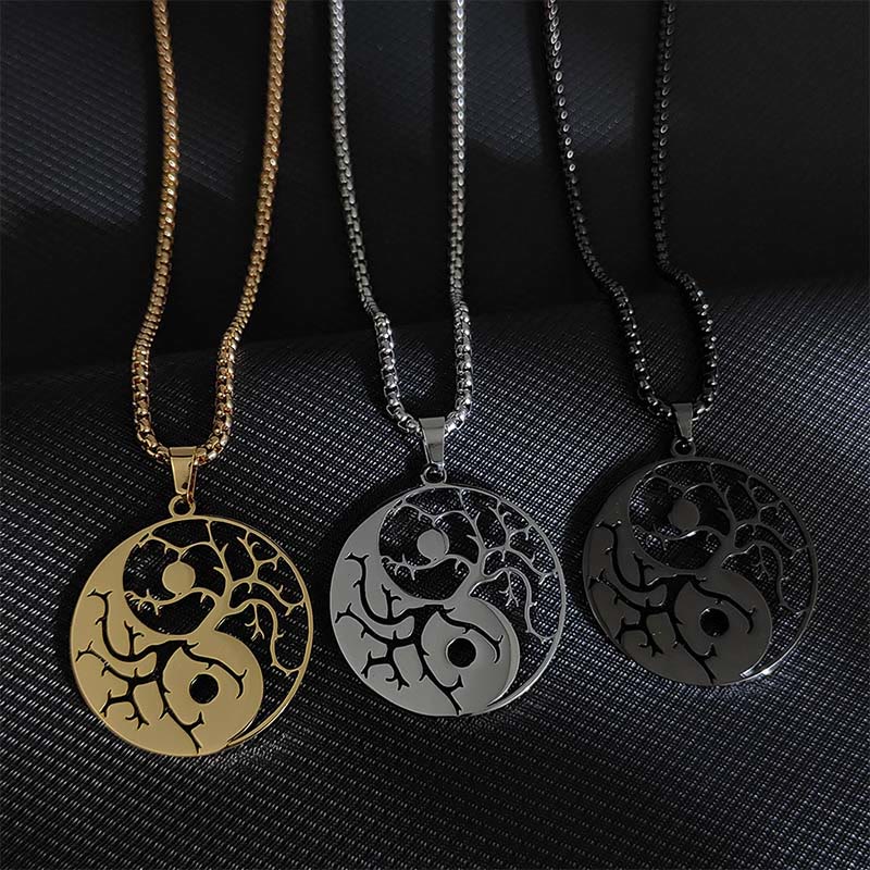Buddha Stones Branches Hollow Yin Yang Design Stainless Steel Balance Necklace Pendant