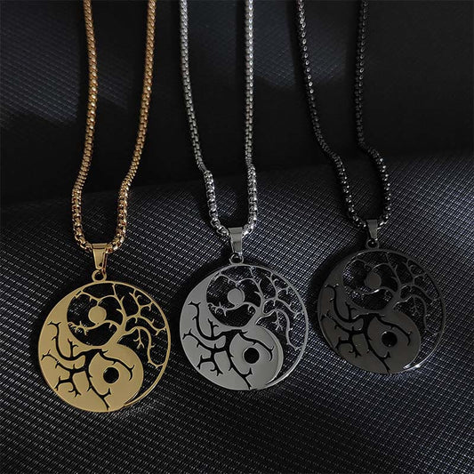 Buddha Stones Branches Hollow Yin Yang Design Stainless Steel Balance Necklace Pendant