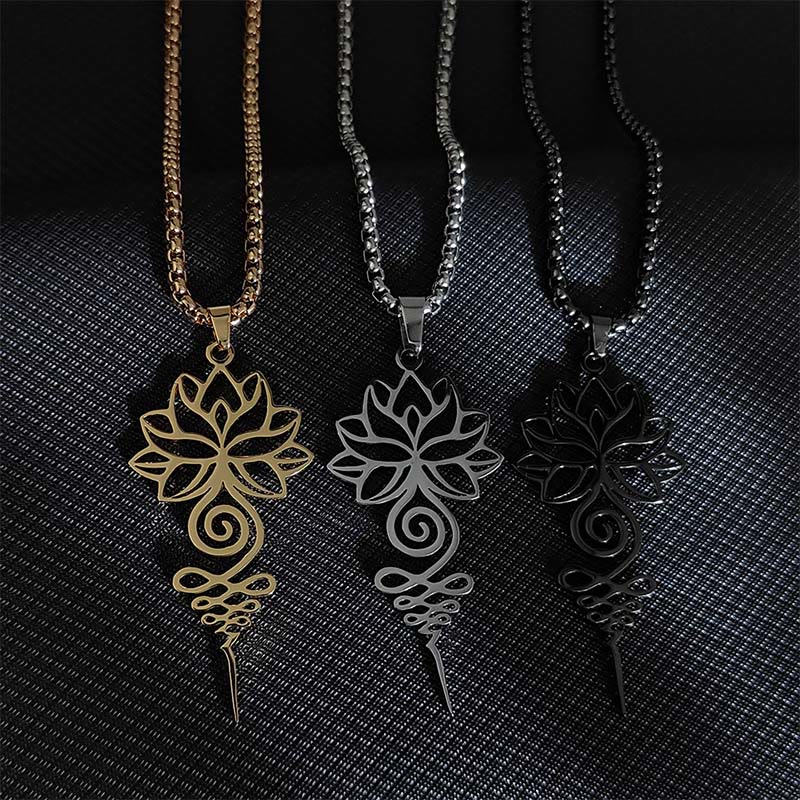 Buddha Stones Lotus Unalome Chakra Symbol Design Stainless Steel Enlightenment Necklace Pendant