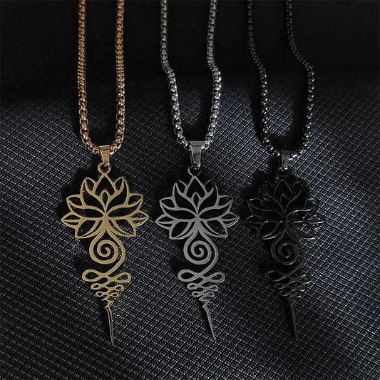Buddha Stones Lotus Unalome Chakra Symbol Design Stainless Steel Enlightenment Necklace Pendant