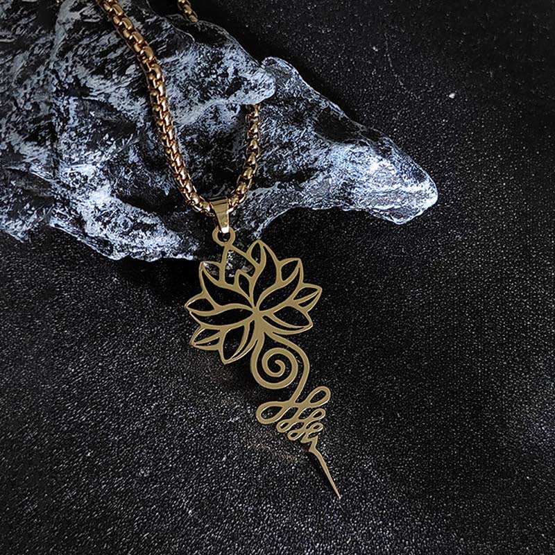 Buddha Stones Lotus Unalome Chakra Symbol Design Stainless Steel Enlightenment Necklace Pendant