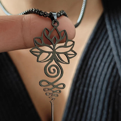 Buddha Stones Lotus Unalome Chakra Symbol Design Stainless Steel Enlightenment Necklace Pendant