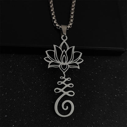 Buddha Stones Chakra Symbol Irregular Design Lotus Stainless Steel Enlightenment Necklace Pendant