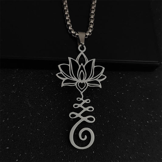 Buddha Stones Chakra Symbol Irregular Design Lotus Stainless Steel Enlightenment Necklace Pendant