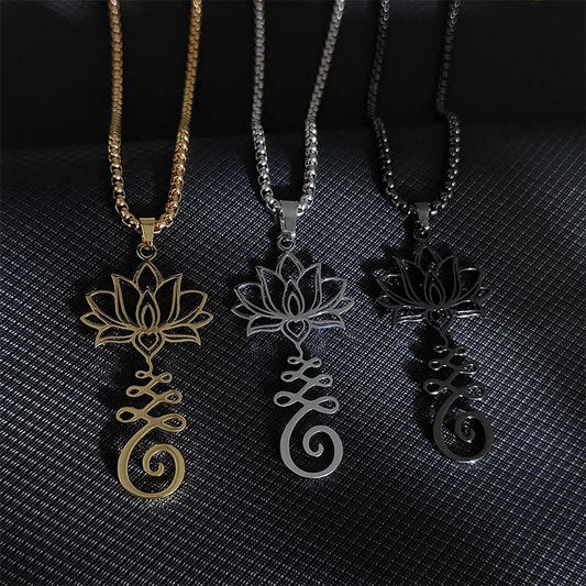 Buddha Stones Chakra Symbol Irregular Design Lotus Stainless Steel Enlightenment Necklace Pendant