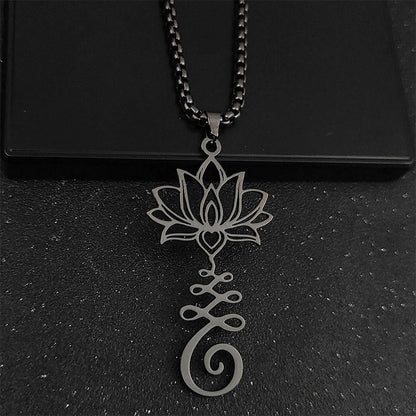 Buddha Stones Chakra Symbol Irregular Design Lotus Stainless Steel Enlightenment Necklace Pendant
