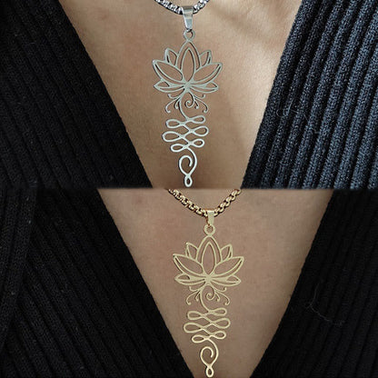 Buddha Stones Lotus Vines Design Chakra Symbol Stainless Steel Enlightenment Necklace Pendant