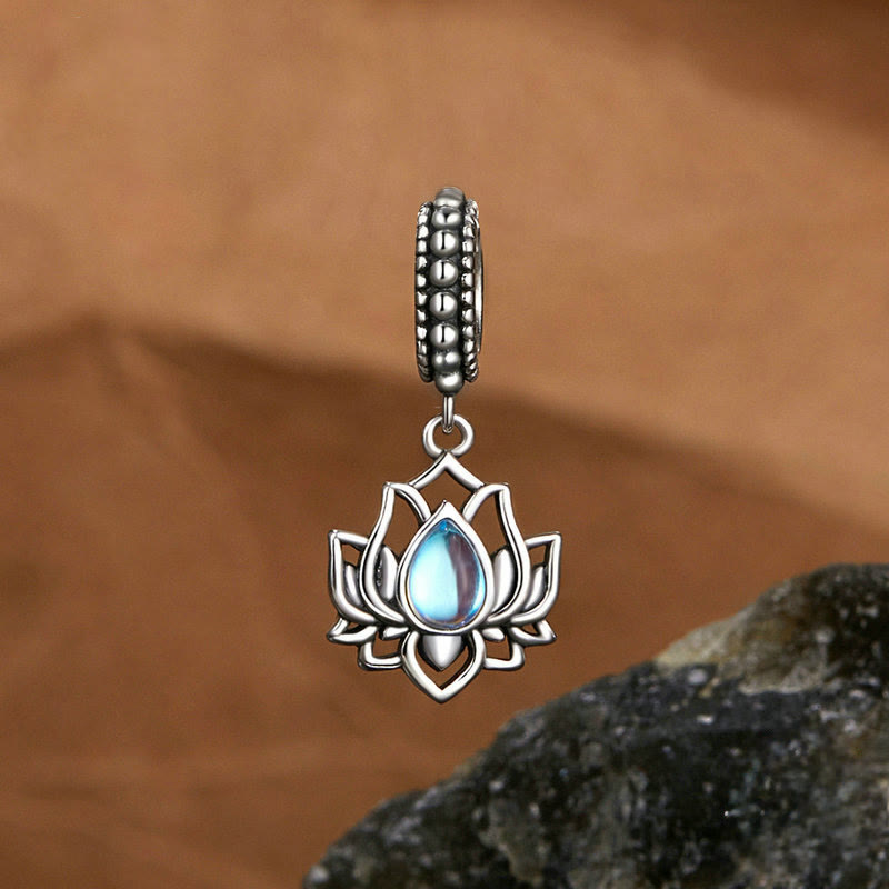 Buddha Stones 925 Sterling Silver Lotus Design Moonstone Healing Necklace Pendant