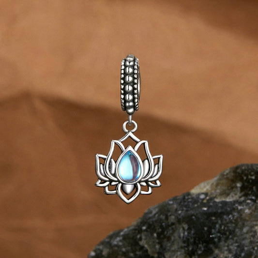 Buddha Stones 925 Sterling Silver Lotus Design Moonstone Healing Necklace Pendant