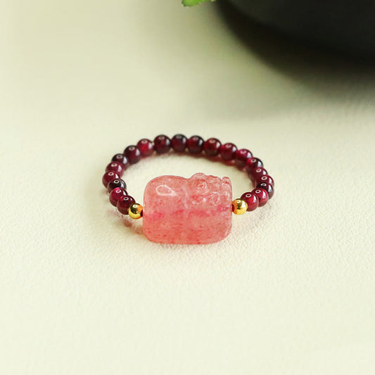 Buddha Stones Garnet Beads Strawberry Quartz Pixiu Protection Ring