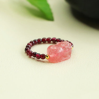 Buddha Stones Garnet Beads Strawberry Quartz Pixiu Protection Ring